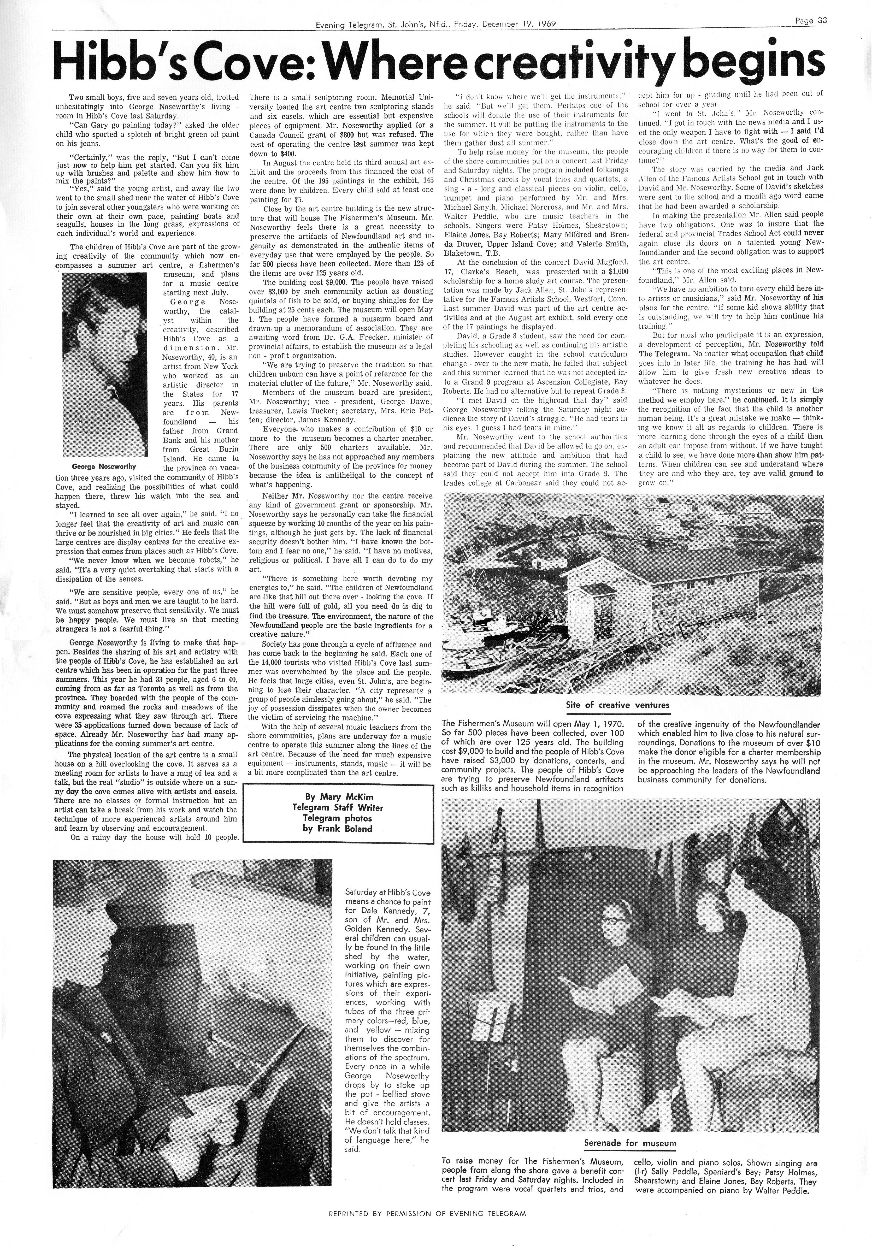Evening Telegram newspaper article, December 19, 1969